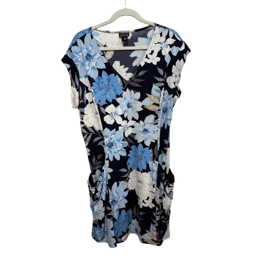 Enfocus women 16W Floral Dress preppy blue white cap sleeve party V-neck cottage